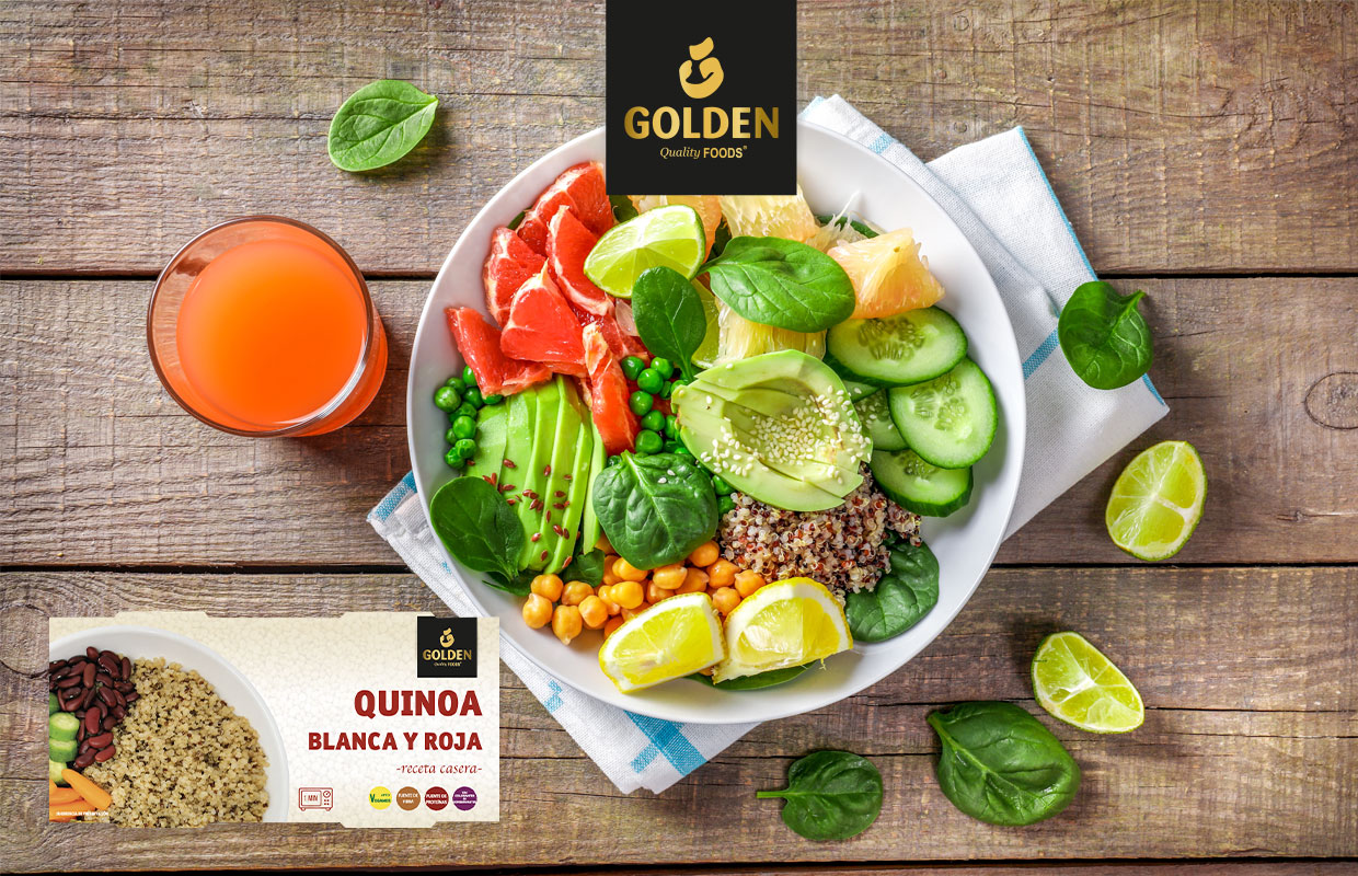 Ensalada Gourmet de Quinoa con pepino, guisante, aguacate, albahaca, pomelo y naranja
